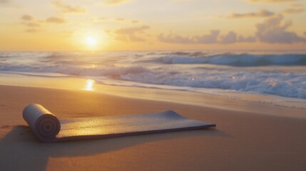 Poster - A calming yoga session on a beach at golden hour, with a yoga mat on the sand, and the waves of the ocean gently rolling in the background