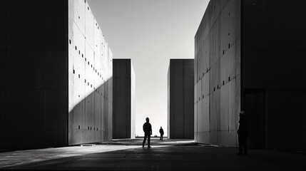 Wall Mural - Silhouetted figures in a stark, minimalist concrete structure.