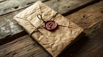 Wall Mural - A vintage, sealed package tied with twine and a wax seal, on a rustic wooden surface.