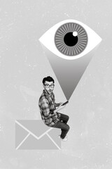 Leinwandbilder - Creative retro 3d magazine collage image of eye peeking guy browsing instagram twitter telegram isolated painting background