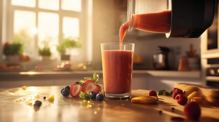 Poster - A close-up of a blender pouring a fresh fruit smoothie into a glass, with a kitchen background filled with natural light and a cozy vibe