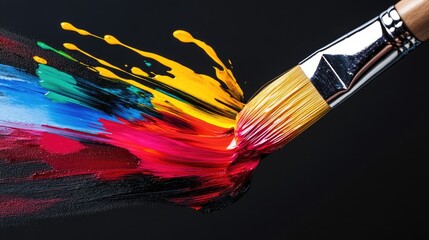 Poster - A close-up of a brush dripping bright, colorful paint onto a sleek black surface, capturing the dynamic splash and flow of the paint