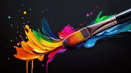 Poster - A close-up of a brush dripping bright, colorful paint onto a sleek black surface, capturing the dynamic splash and flow of the paint