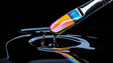 Poster - A close-up of a brush dripping bright, colorful paint onto a sleek black surface, capturing the dynamic splash and flow of the paint