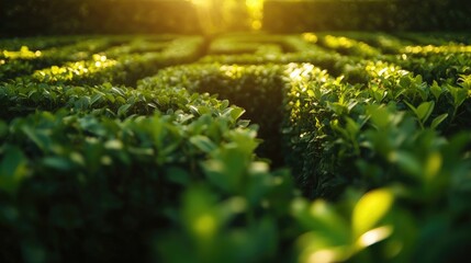 Poster - A close-up of a dense green hedge forming part of a labyrinth, with sunlight filtering through the leaves, creating a peaceful and intricate scene