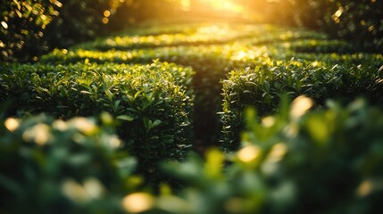 Poster - A close-up of a dense green hedge forming part of a labyrinth, with sunlight filtering through the leaves, creating a peaceful and intricate scene
