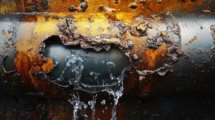 Poster - A close-up of a faulty weld on a stainless steel pipe with water leaking out, capturing the fine details of corrosion and leakage
