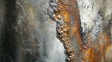 Poster - A close-up of a faulty weld on a stainless steel pipe with water leaking out, capturing the fine details of corrosion and leakage