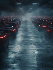 Poster - A dimly lit corridor filled with futuristic vehicles featuring glowing red lights, enveloped in mist, creating an eerie, high-tech atmosphere.