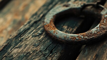 Poster - A close-up of an antique rusty horseshoe on a vintage wooden board, highlighting its weathered texture and rustic aesthetic