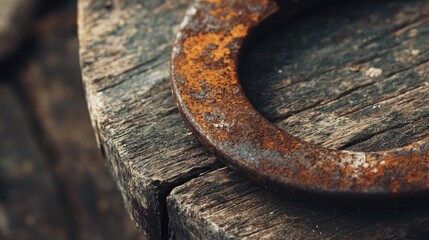 Poster - A close-up of an antique rusty horseshoe on a vintage wooden board, highlighting its weathered texture and rustic aesthetic