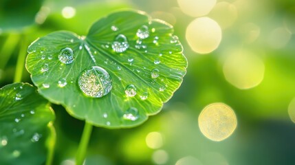 Poster - A close-up of green fern leaves with droplets of water, sparkling in soft natural light, highlighting the beauty and freshness of nature