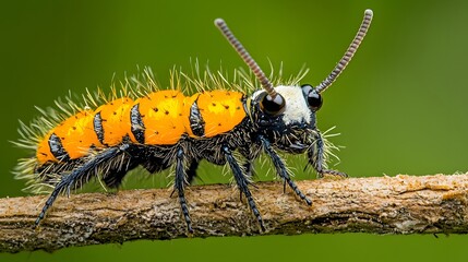 Macro close up view of a vibrant and hairy caterpillar with bright orange yellow and black striped crawling on a natural wooden branch