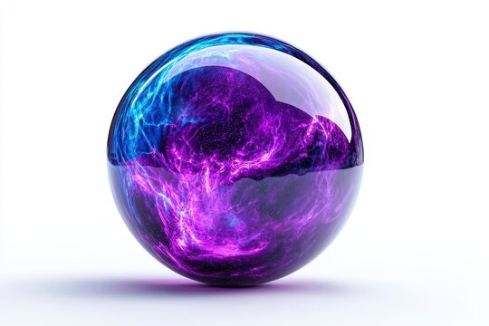 Abstract sphere, glowing with vibrant purple and blue nebula patterns,  illuminated by soft white light.