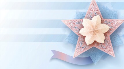 Wall Mural - Pastel Glittering Star with Flower and Ribbon on Blue Background