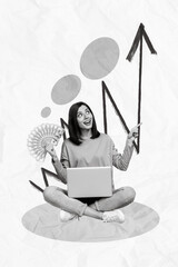 Aufkleber - Vertical collage picture of excited positive girl hand hold dollar bills banknotes use netbook point finger growing arrow upwards