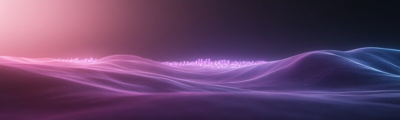 Fototapete - A vibrant digital landscape featuring flowing waves of purple and blue light against a dark background.