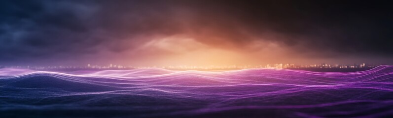 Fototapete - A stunning seascape at dawn, showcasing vibrant purple waves under a dramatic sky illuminated by a warm, glowing horizon.