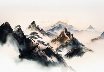 Aufkleber - A serene Chinese landscape painting featuring misty mountains, traditional architecture perched amongst peaks, and sparse trees in an ink wash style.