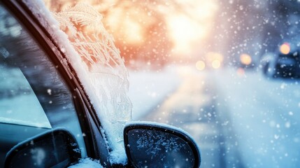 Poster - A crisp close-up shot of a car windshield covered in snow, with frosty designs on the glass, illuminated by the soft glow of natural light