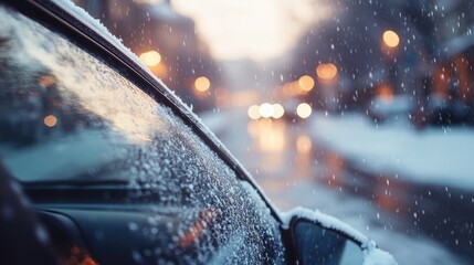 Poster - A crisp close-up shot of a car windshield covered in snow, with frosty designs on the glass, illuminated by the soft glow of natural light