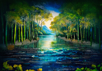 Poster - A serene landscape in China features a tranquil river flowing through lush greenery, illuminated by sunlight filtering through trees and distant mountains.