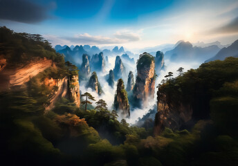 Poster - Breathtaking landscape in China featuring towering pillar mountains shrouded in mist. Lush greenery covers the cliffs, creating a serene and majestic scene.