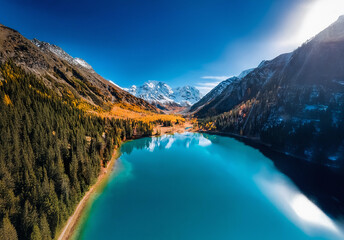 Poster - Majestic China landscape showcasing a vibrant turquoise lake nestled amidst towering mountains and lush forests under a clear, sunny sky.