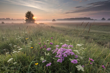misty sunrise over meadow with wildflowers and distant trees