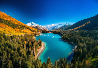 Poster - A breathtaking landscape in China showcases a turquoise lake nestled between mountains and forests, with snow-capped peaks visible in the distance under a clear sky.