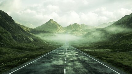 Poster - A deserted highway stretching into the distance, flanked by green mountains, with mist gently rolling over the slopes in a peaceful setting