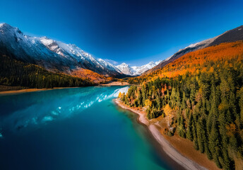 Poster - Vibrant China landscape featuring a turquoise lake mirroring snow-dusted mountains and golden autumn foliage under a bright blue sky.