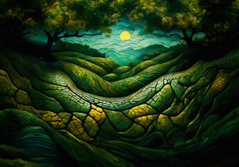 Aufkleber - Serene landscape in China, showcasing rolling green hills under a bright moon. Lush trees frame a tranquil scene of nature's beauty and peacefulness.