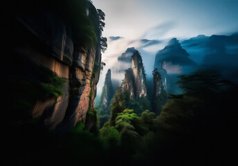 Poster - Dramatic landscape of China featuring towering rock pillars piercing through mist and lush green vegetation. Serene and majestic mountain scenery.