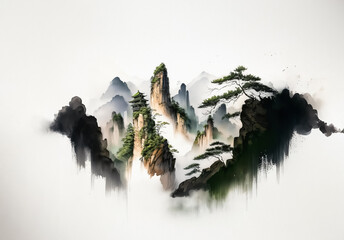 Poster - Serene Chinese landscape painting of majestic mountains piercing through mist, showcasing nature's beauty and tranquility in a timeless style.