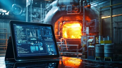 Poster - tablet displaying industrial automation software monitors and controls the production process in a m