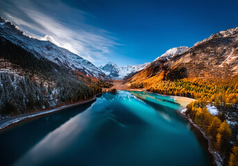 Poster - China landscape: Turquoise lake reflects snow-capped mountains and autumn trees under a bright blue sky. A stunning, scenic view.