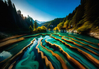 Poster - Turquoise water terraces in a Chinese landscape are nestled between green mountains and forests under a clear blue sky.