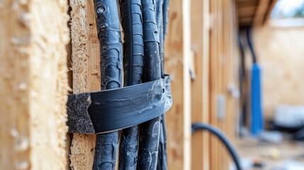 Poster - A detailed view of insulated wires, neatly bundled with black electrical tape, running through a hole in the wall, showing craftsmanship and safety measures
