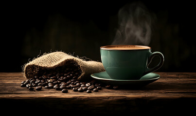 Aufkleber - Aromatic coffee steaming in a teal mug beside burlap sack of beans on rustic wood.  Perfect for cafe, coffee shop, or beverage themes.