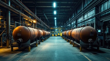 Poster - A detailed view of large compressed gas tanks in a factory, arranged in perfect symmetry under harsh overhead lighting, emphasizing the industrial setting