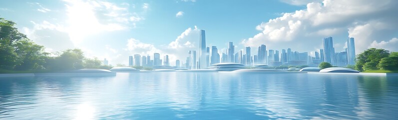 Poster - A serene cityscape reflected on water, featuring modern skyscrapers under a bright sky with fluffy clouds.