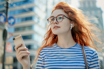 Wall Mural - Red-haired woman with glasses and wireless earbuds holding a smartphone, standing on a vibrant city street under natural daylight