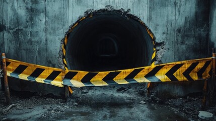 Poster - A dramatic image of yellow and black barricade tape blocking a tunnel entrance, creating a tense, mysterious atmosphere