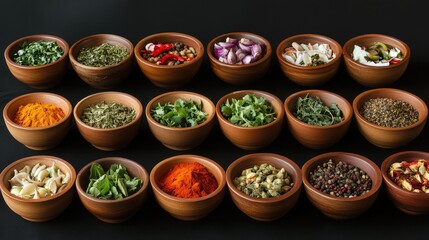 Poster - A dynamic and colorful collection of herbs and spices in bowls, arranged for a beautiful and vibrant culinary presentation