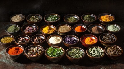 Poster - A dynamic and colorful collection of herbs and spices in bowls, arranged for a beautiful and vibrant culinary presentation
