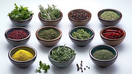 Poster - A dynamic and colorful collection of herbs and spices in bowls, arranged for a beautiful and vibrant culinary presentation