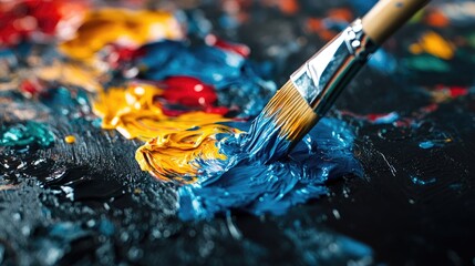 Poster - A dynamic shot of colorful paint dripping from a brush onto a glossy black surface, creating an explosion of color and artistic movement