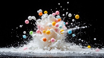 Poster - A dynamic shot of vivid Styrofoam mini balls exploding outward, with motion blur creating depth and energy as they scatter through the air