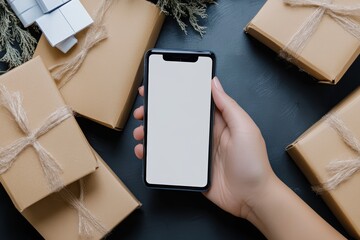 Caucasian female hand holding smartphone among wrapped gift boxes on dark surface